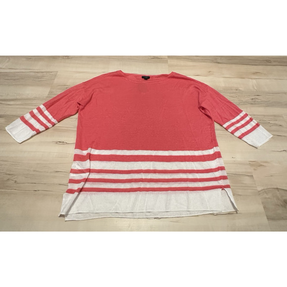 ANN TAYLOR Blouse Linen Blend Slub Knit 3/4 Sleeve Stripe White Pink NWT - Picture 1 of 7